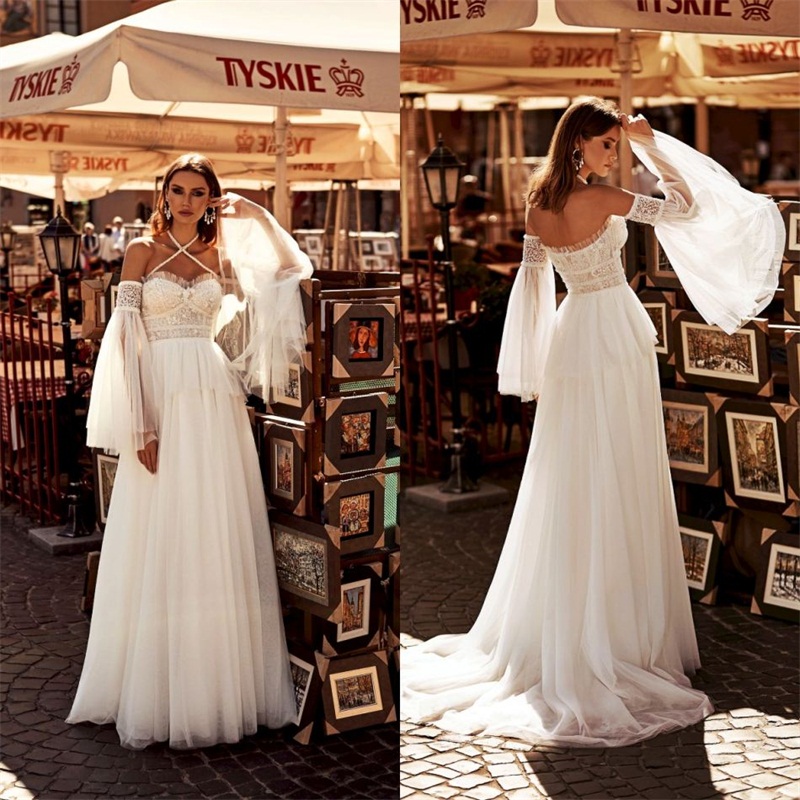 Boho Robes De Mariée Sexy Halter Criss Cross Manches Longues Appliqued Dentelle A-ligne Robe De Mariée Dos Nu Balayage Train Robes De Plage De Ma