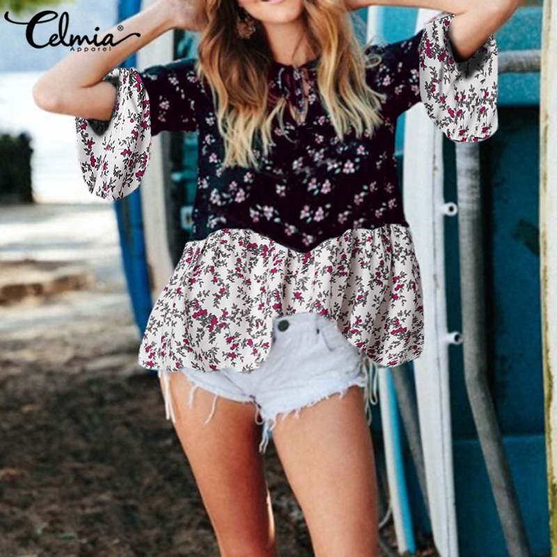 

Stylish Floral Print Blouses Women Celmia Summer Casual Flare Sleeve Bandage Loose Shirt Ladies Ruffles Tops Elegant Blusas 5XL, Black