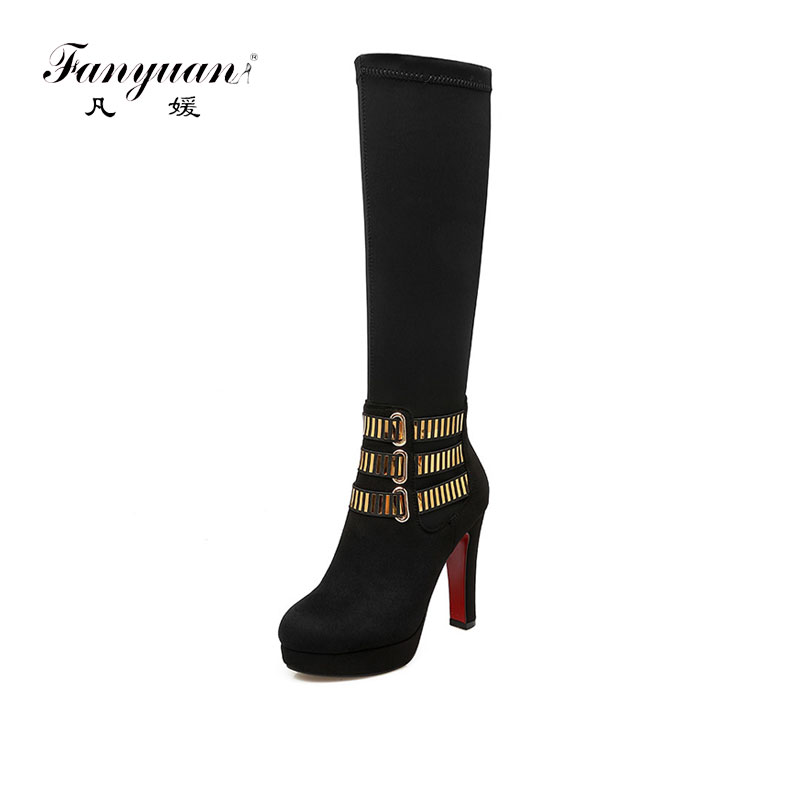 

fanyuan newWinter Big Size 33-43 Women Knee High Boots Metal Decorate High Heels Fur Boots Platform Shoes Woman, Black thick fur