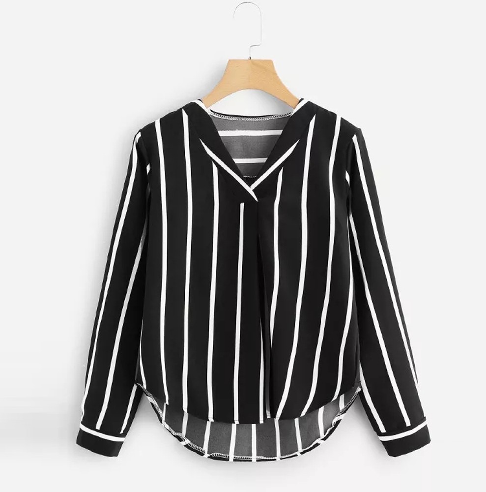 

JAYCOSIN Hot Fashion Striped Sweatshirts Women Casual Autumn Long Sleeve V Neck Irregular Stripe Printed Shirt Autumn Blouse, Black