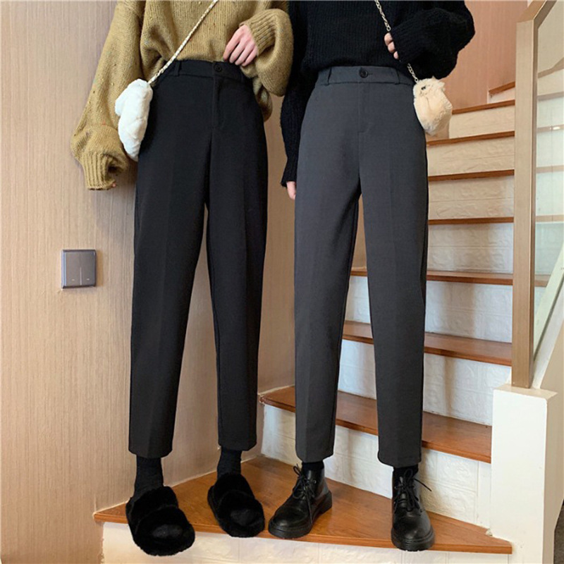 

EWQ] 2020 Spring New Thick Warm High Waist Tobacco Pipe Pants High Waist Women Woolen Trousers Black Harem Pants QZ313