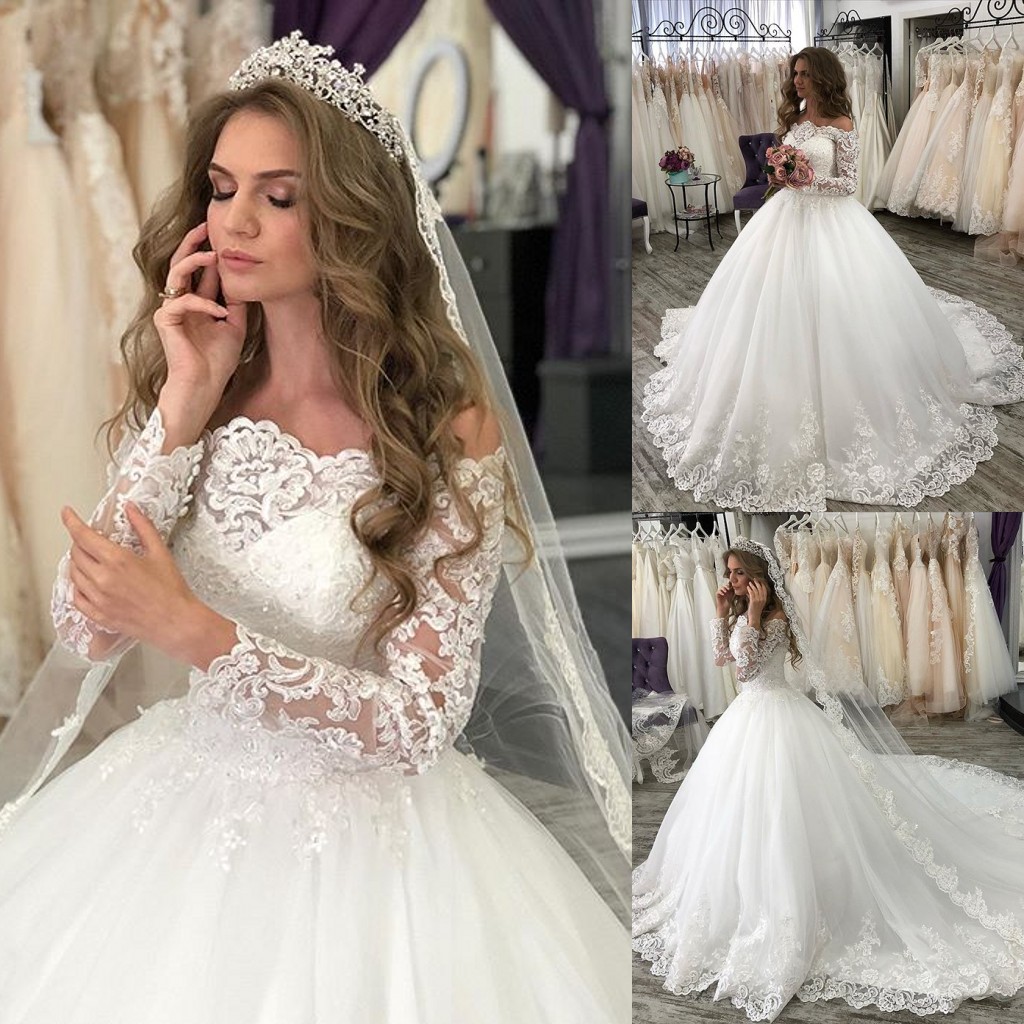 

2020 Church Winter Princess Wedding Dresses Ball Gown Long Sleeve Wedding Gowns Plus Size Sweep Train Applique Lace Beaded Bridal Dress, White
