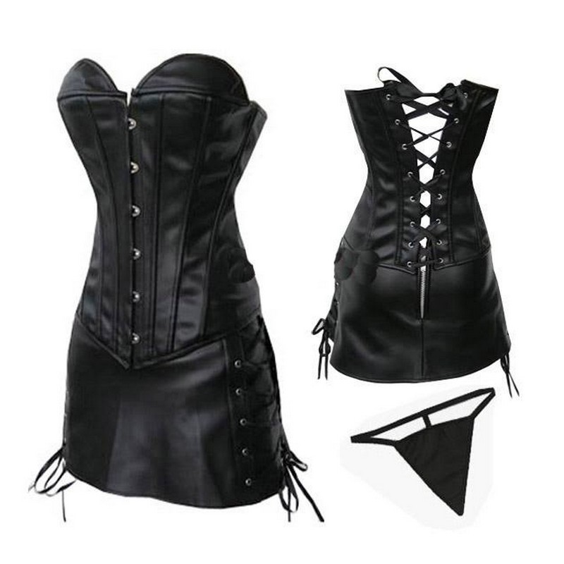 

PLUS SIZE Women Fashion Clubwear Corset Dress Outfit Sexy PVC Leather Overbust Bustier Corselet and Side Lace-up Mini Skirt S-6XL Drop Ship, Black