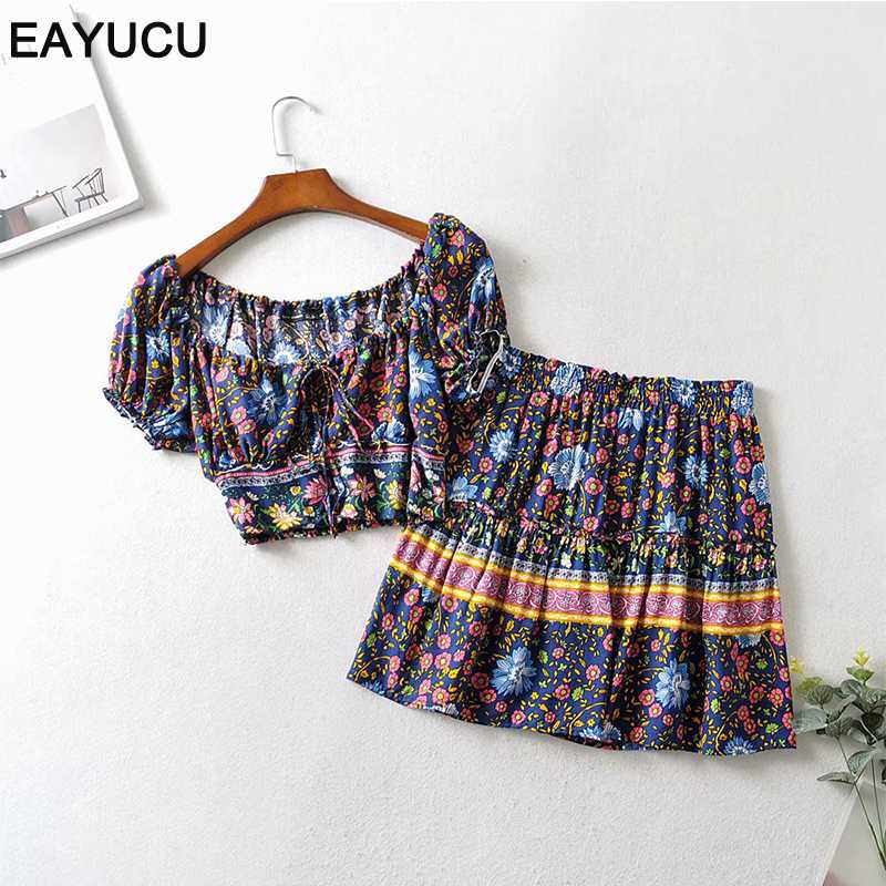 

EAYUCU Vintage Women Two Piece Set Boho Style Floral Print Crop Top + Mini Skirts High Waist Outfits Beachwear 2020 Summer EJ018, Red