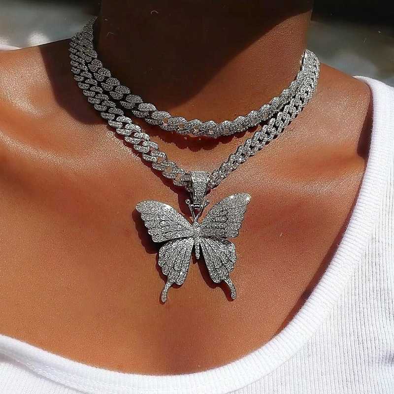 New Hiphop Silver Rose Gold Butterfly Pendant Necklaces CZ Cuban Link Chain For Women Choker Iced Out Cubic Zircon Jewelry