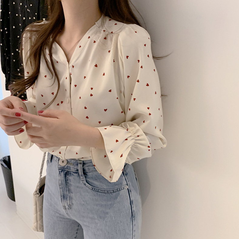 

Sweet Love Print Blouse Summer Beige Red Black Chiffon Blouses V neck Long Sleeve Casual Women Blouse  - XXL Plus Size Shirt