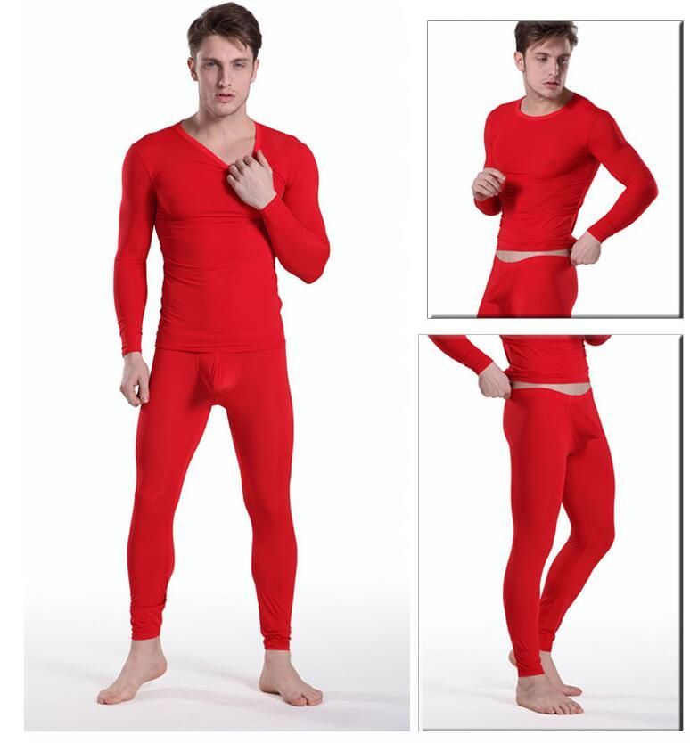 

Sexy Men Silk Tight Pajama Sets Male Transparent Bulge Nightgown Long Sleeve Sleepwear Top + Pants for Man Nightweear  L XL, Flesh