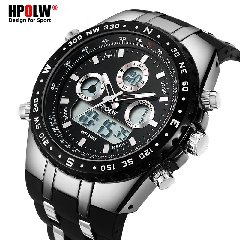

Men's Luxury Analog Digital Quartz Watch New Brand HPOLW Casual Watch Men G Style Waterproof Sports Military Shock Watches CJ191213, Black
