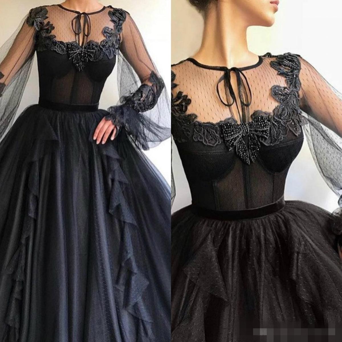 

Black Long Poet Sleeves Prom Dresses Lace Applique Beaded Jewel Ruffles Tiered Skirt Custom Made Graduation Ball Gown Formal Evening Wear, Ivory