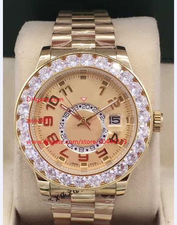 Free Shipping Luxury High Quality Watch 44mm Golden dial Date GMT Working Big Diamond Bezel Mechanical Automatic Mens Watches