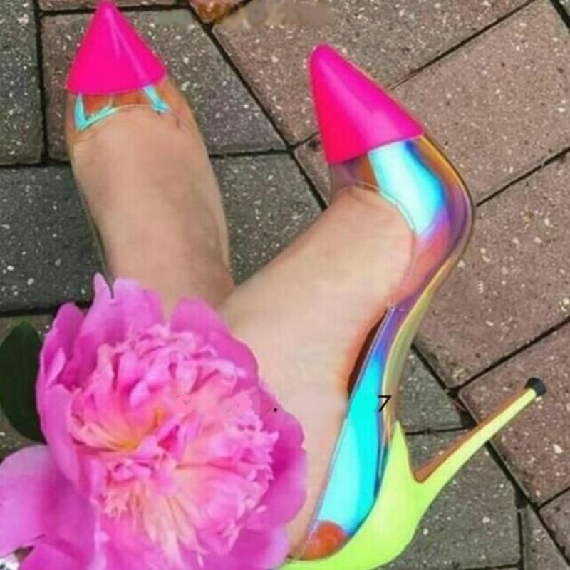 Chaussures Patchwork en PVC transparent de couleur mélangée chaussures habillées peu profondes à talon aiguille jaune irisé 12cm taille de mariée