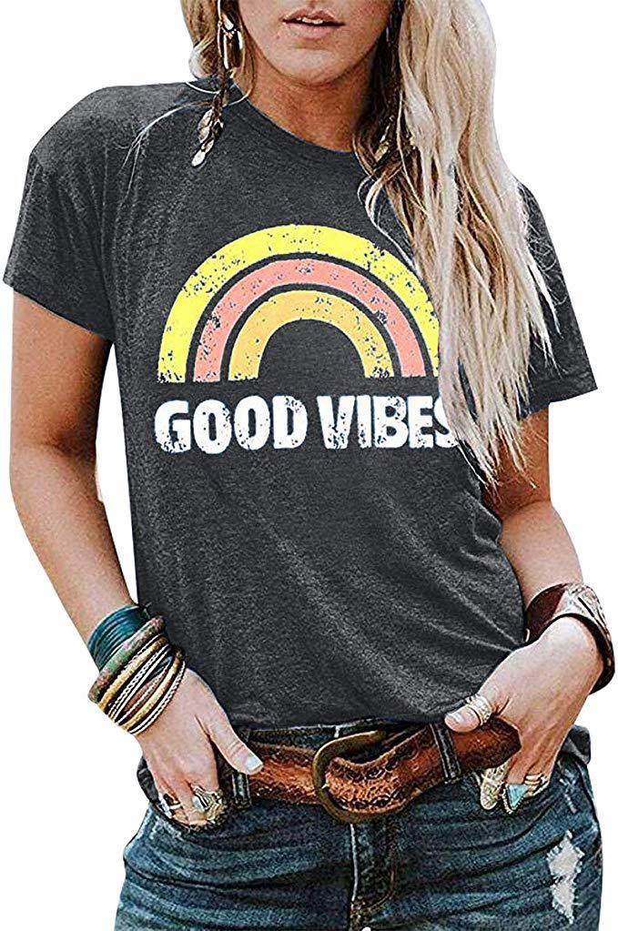 

Rainbow Women Spring Summer New Printed Short-sleeved T Shirt Crew Neck Loose Casual Tees Fashion Womens Concise Style Clothing Streetwear, Gray