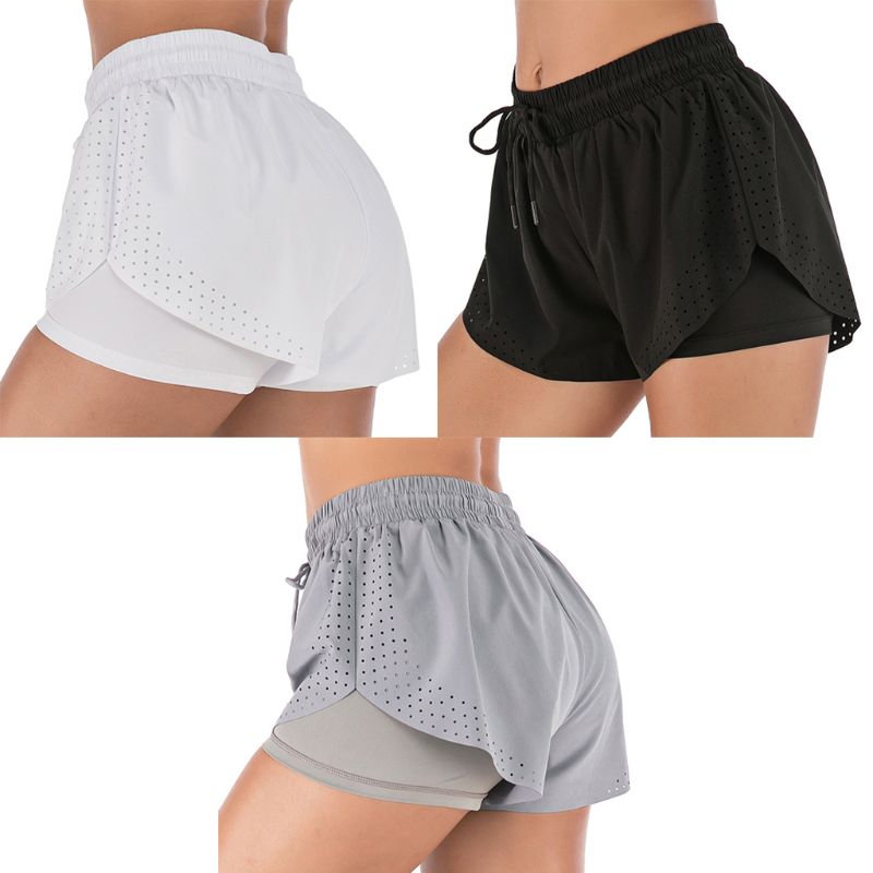 

Women' 2 in 1 Running Sports Shorts Quick Drying Training Exercise Jogging Cycling with Longer Liner Short Pants, Black