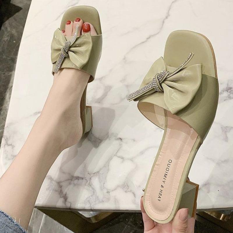 

Fashion Heels Bow Slippers Med Women Yellow White Casual Leather Sandals Woman Summer Non Slip Outdoor Slides Mujer, Green