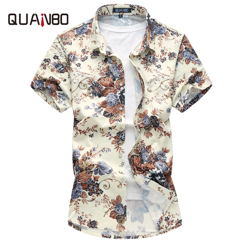

QUANBO New Arrival Summer Casual Shirts Men Clothing Mens Floral Short Sleeve Plus size M-6XL 7XL Camisa masculina