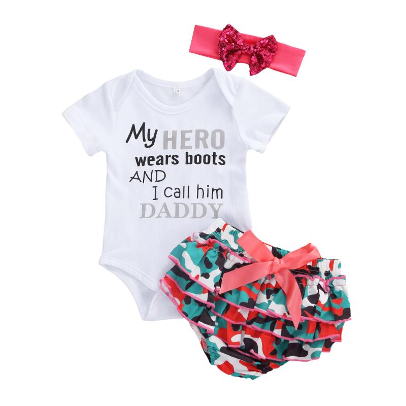 

Pudcoco Summer Kids Baby Girls Boys Clothes Sets 0-18M Letter Camouflage Print Romper Shorts Headband, As pic