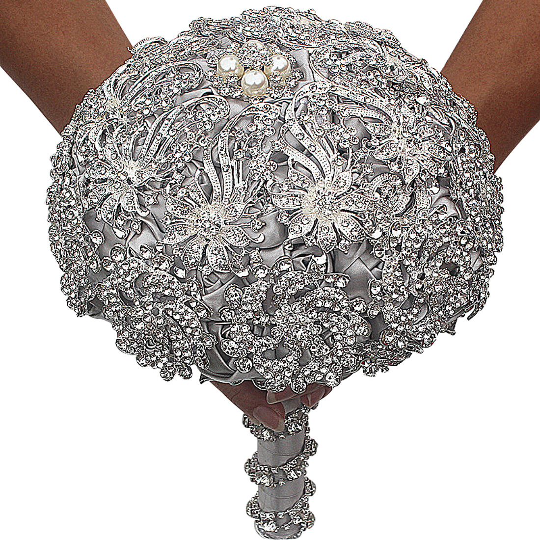 

2019 Luxurious Crystal Brooch Bouquet Ivory Gray Crystal Beading Bouquet Satin Wedding Flowers Bridal Bouquets Wedding Accessories