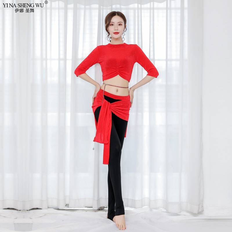 

Women New Belly Dance Set Oriental Dance Bellydance costume Belly Practice Set Competition Costume Top Skirt Pants, Red top(no chain)