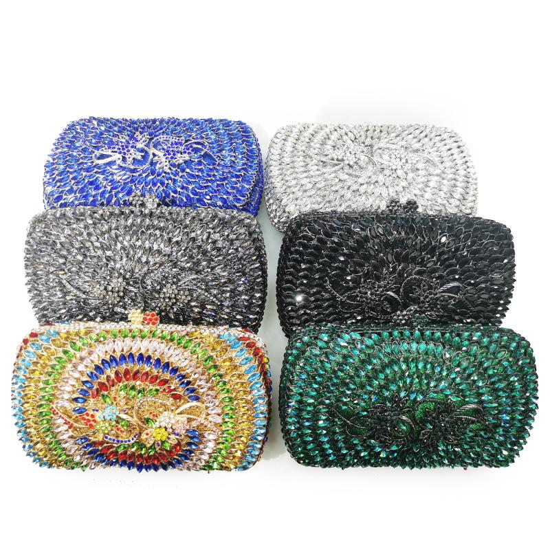 

XIYUAN 2020 New Arrival 6 Colors Metal Flower Women Crystal Clutch Bags And Purses Fashion Diamond Chain Shoulder Mini Handbags, Blue