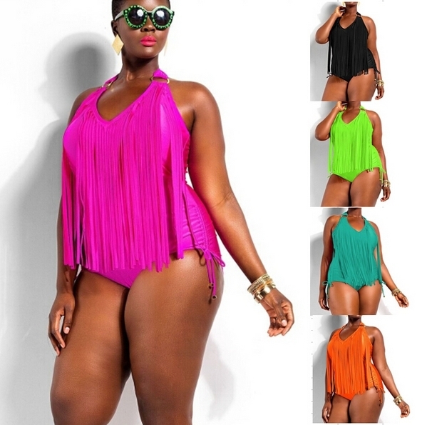

Super Large 2xl 3xl 4xl Plus Size Fringe Swimwear Black Big One Piece Swimsuit Bathing Suits For Plused Women Tassel Monokini Y19062801
