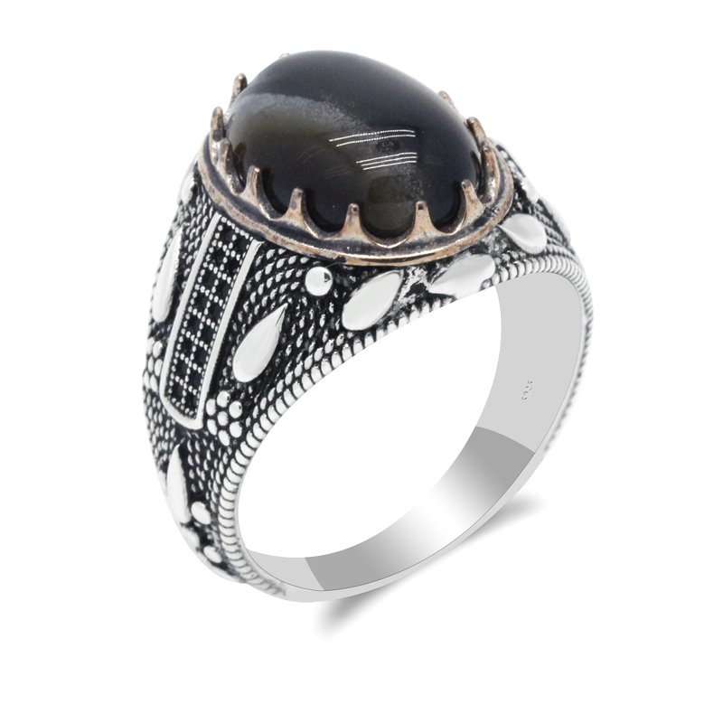 

Cluster Rings Prong Setting Oval 925 Sterling Silver Man Ring With Natural Stone Punk Cool Style Male Finger Good Luck Jewelery