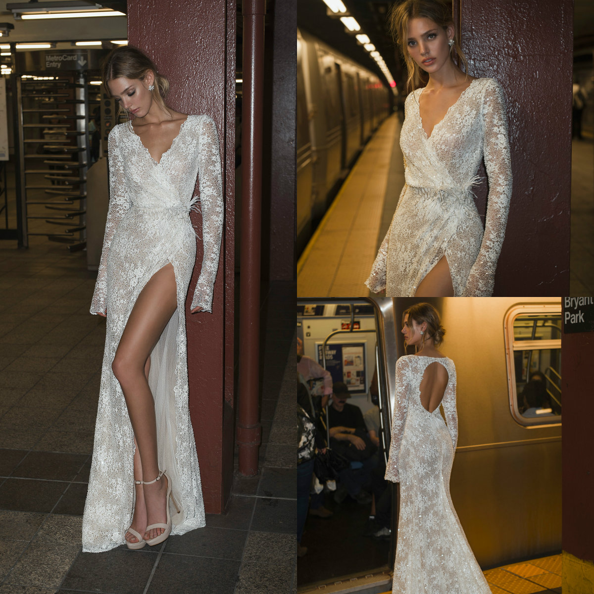 

Netta BenShabu Lace Mermaid Wedding Dresses Long Sleeves V Neck Thigh High Slit Feather Sash Wedding Gowns Illusion Sexy Bridal Dress, Silver