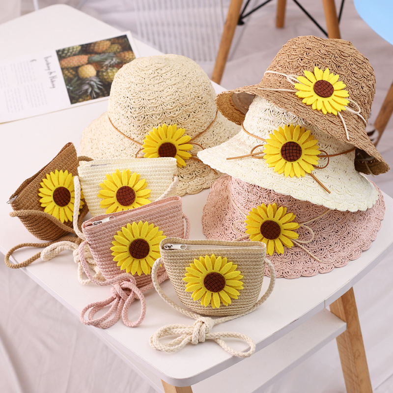 

South Korea Baby College Style Bucket Hat Zi Xia Seaside Hand-woven CHILDREN'S Straw Hat Bag Girls Beach Sun-resistant Women's, Beige