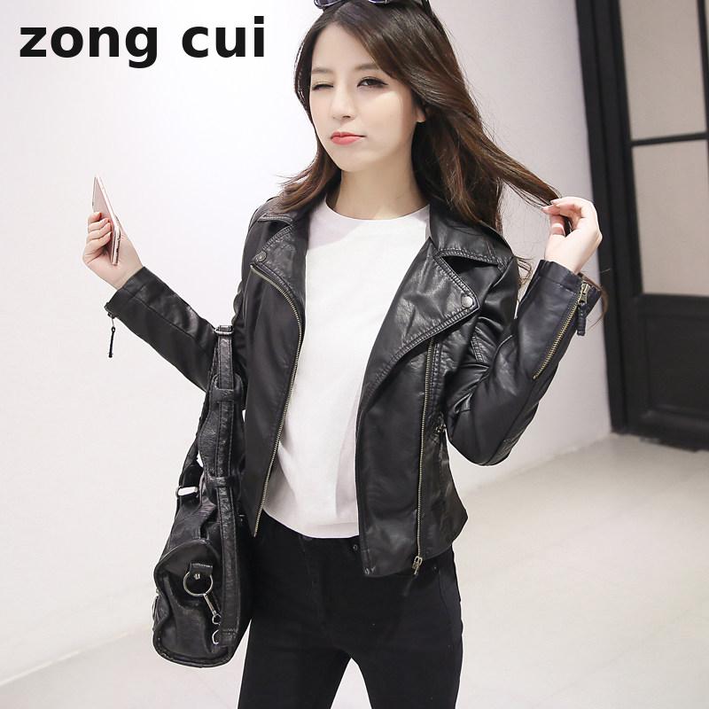 

New women' black zipper PU leather jacket Korean slim fit Motorcycle Jacket Outwear Leather With Plush Oversized