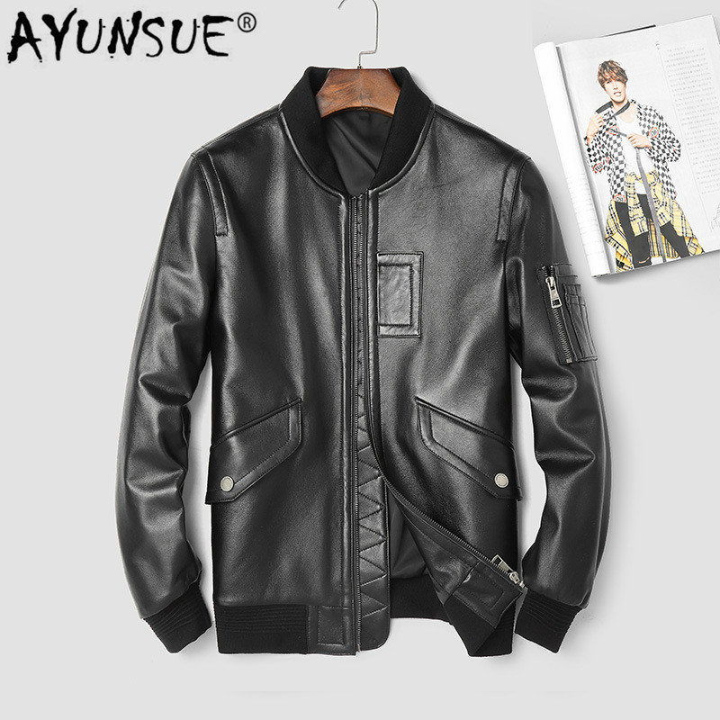 

AYUSNUE Mens Leather Jacket Spring Autumn Genuine Leather Sheepskin Coat Motorcycle Bomber Jacket Men Clothes 2019 3906 KJ2993, Black