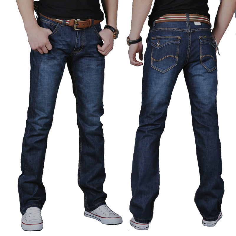 

Spring Men's Casual Straight Slim Jeans Fashionable Dark Blue Cotton Full Length Pants Mid Waist Comfy Male Bottom for Autumn