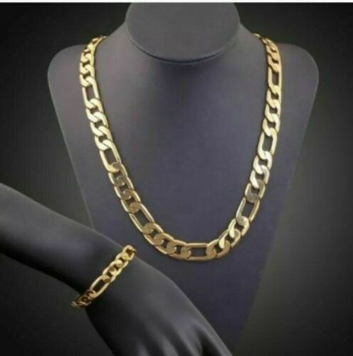 

24 ct Gold Plated Figaro Cu Rb Chain Set 20'' Neclace 8.5 Bracelet, Silver