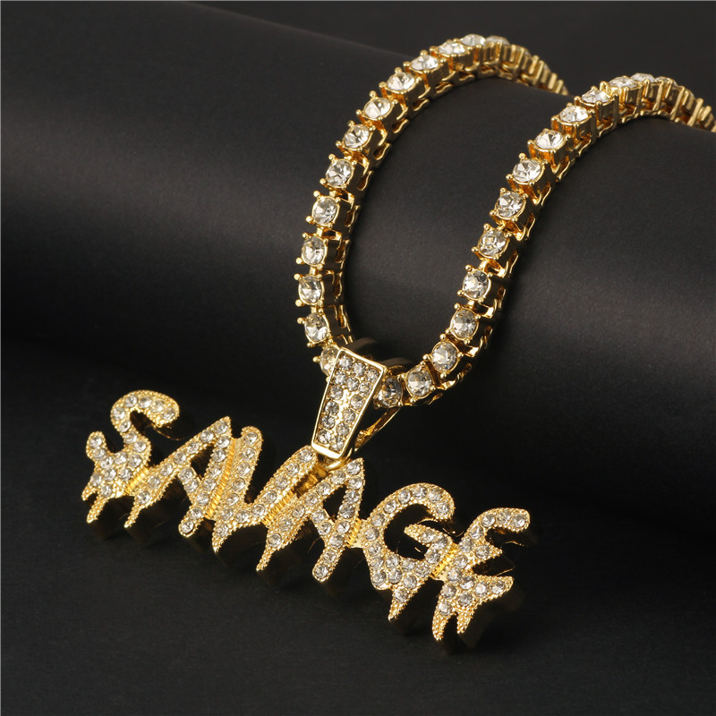 

Hip Hop Necklace Gold Silver Color Iced Out Chains Micro Pave Cubic Zircon SAVAGE Pendant Necklace Charm For Men Gifts