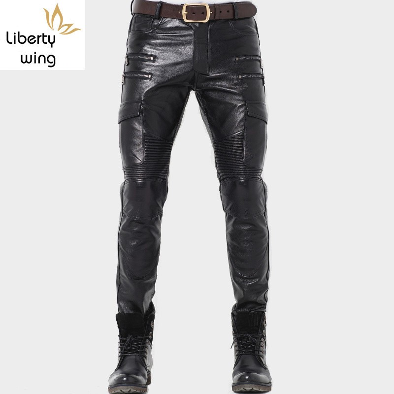 

Winter Luxury Mens Genuine Skinny Motorcycle Cowhide Leather Warm Windproof Long Trousers Man Slim Fit Pants, Black