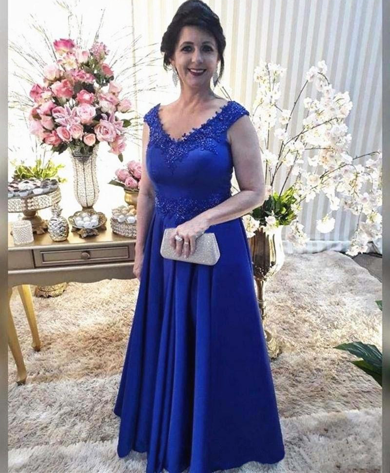 Élégant satin Mère A-ligne de robes de mariée mancherons Appliqued dentelle perlée Mère de la soirée de mariage Groom longue soirée Robes