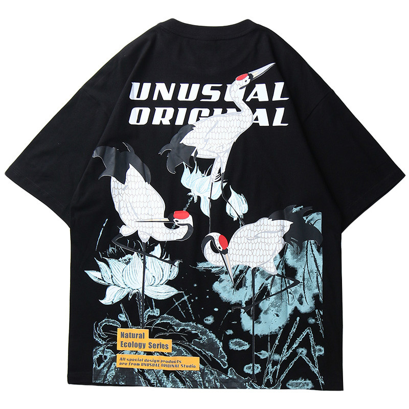 

Januarysnow Streetwear T Shirt Chinese Crane Lotus Men Hip Hop Oversize Tshirt Summer Short Sleeve Cotton Casual HarajukuT -Shirt Black, White