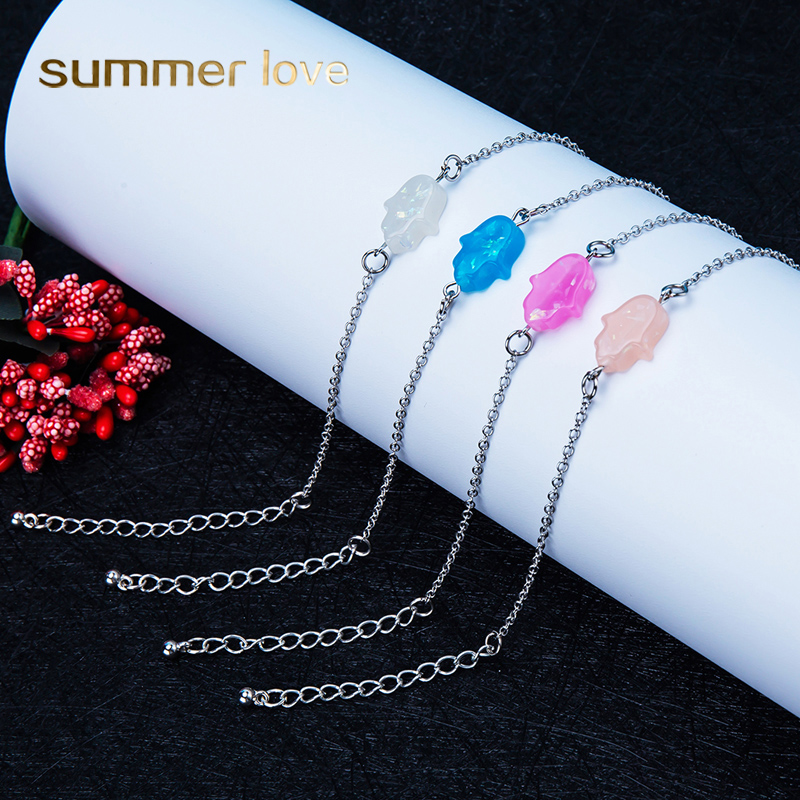

New Fashion Hamsa Hand Opal Bracelet for Women White Pink Blue Adjustable Size Chain Bracelet Elegant Jewelry Gift