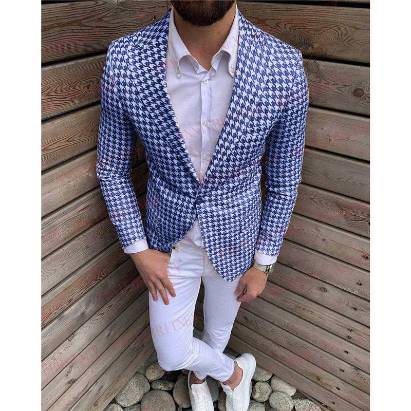 

Stylish Houndstooth Men Suits 2Pcs Slim fit Best Man Bridegroom Wedding Suits Tuxedo Men's Blazer Casual Blue Jacket White Pants, Grey-white