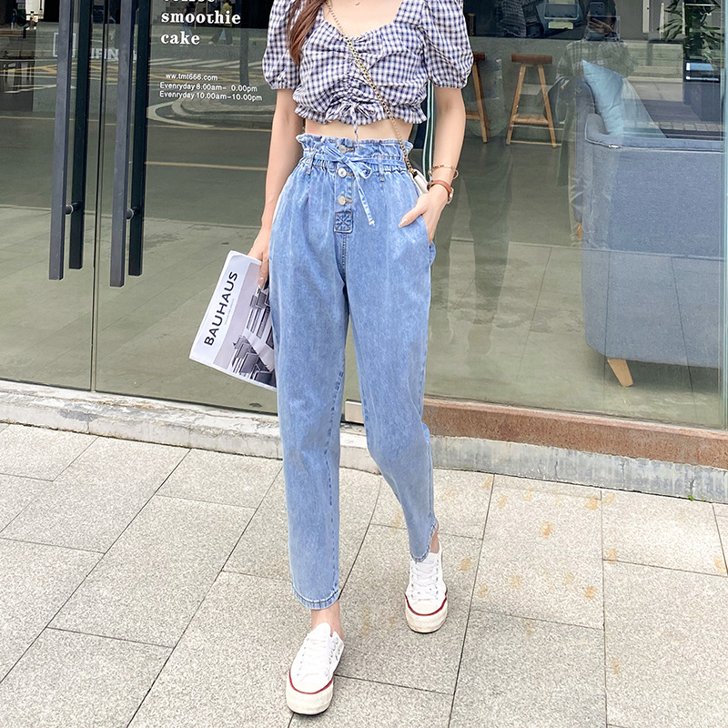 

Boyfriend Jeans For Women High waist plus size Ruffled waist Casual Full Length Denim Straight Ankle-length Pants 5XL 6XL 7XL, Blue 1827