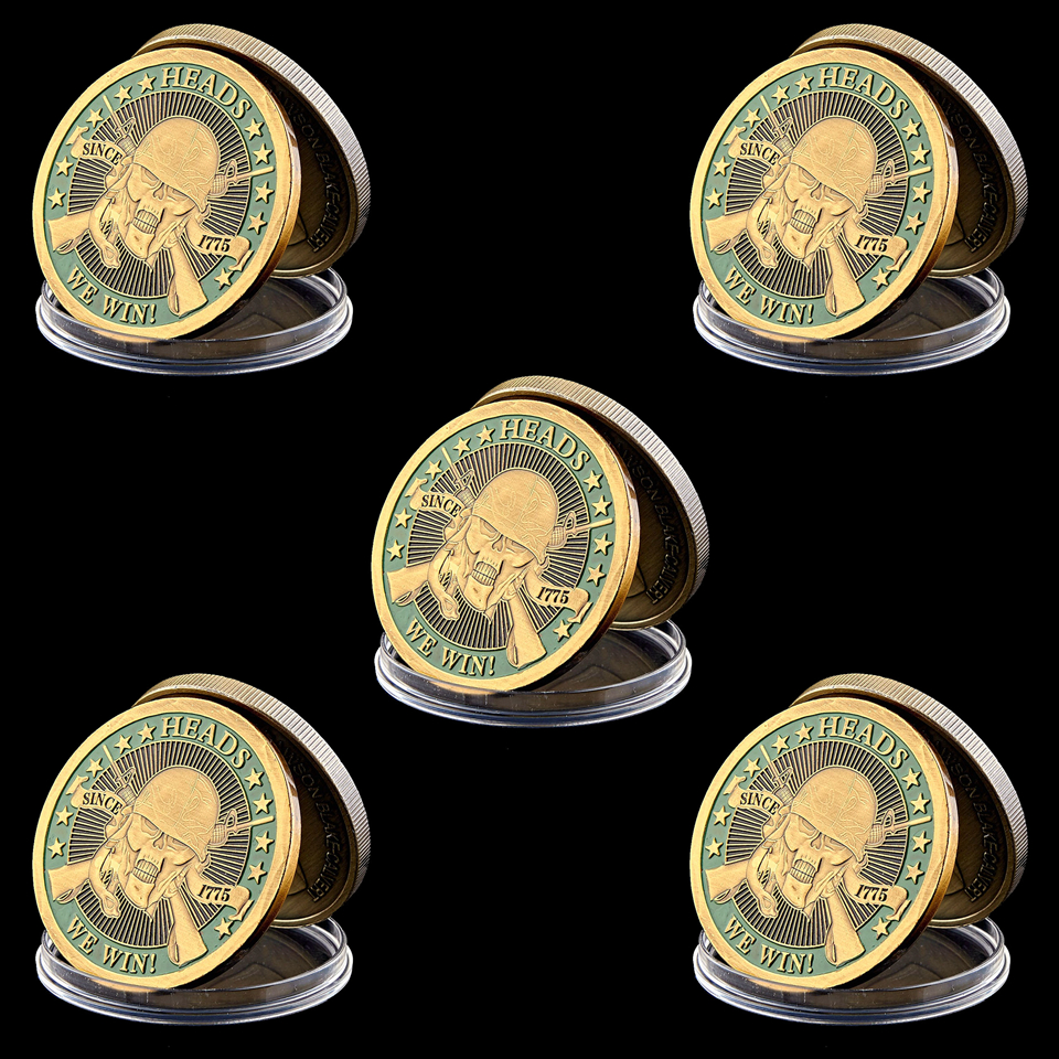 5pcs Challenge Craft 1775 Tails You Lose Heads We Win Skull Heroic Soldier Gold Plated Metal Souvenir Coin Gift-image-522373159