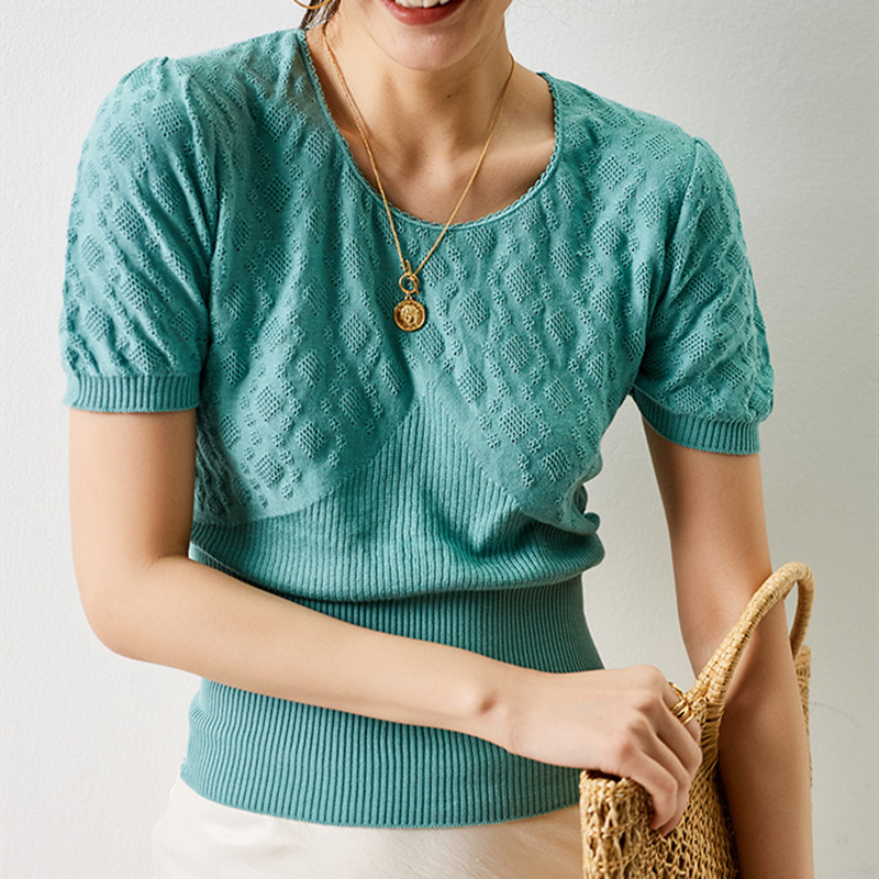 

Women's Short Puff Sleeve Knitted Sweater O-neck Slim Solid Color Top Lady Solid Color Pull, As pic