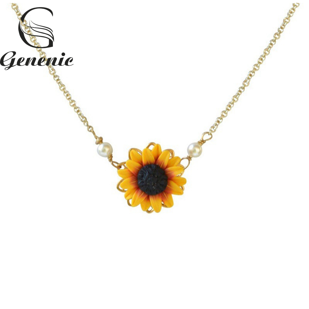 

1pc Romantic Drop Necklaces Charm Sunflower Pendant Chain Necklace for Women Simple Pearls Princess Bride Bridesmaid