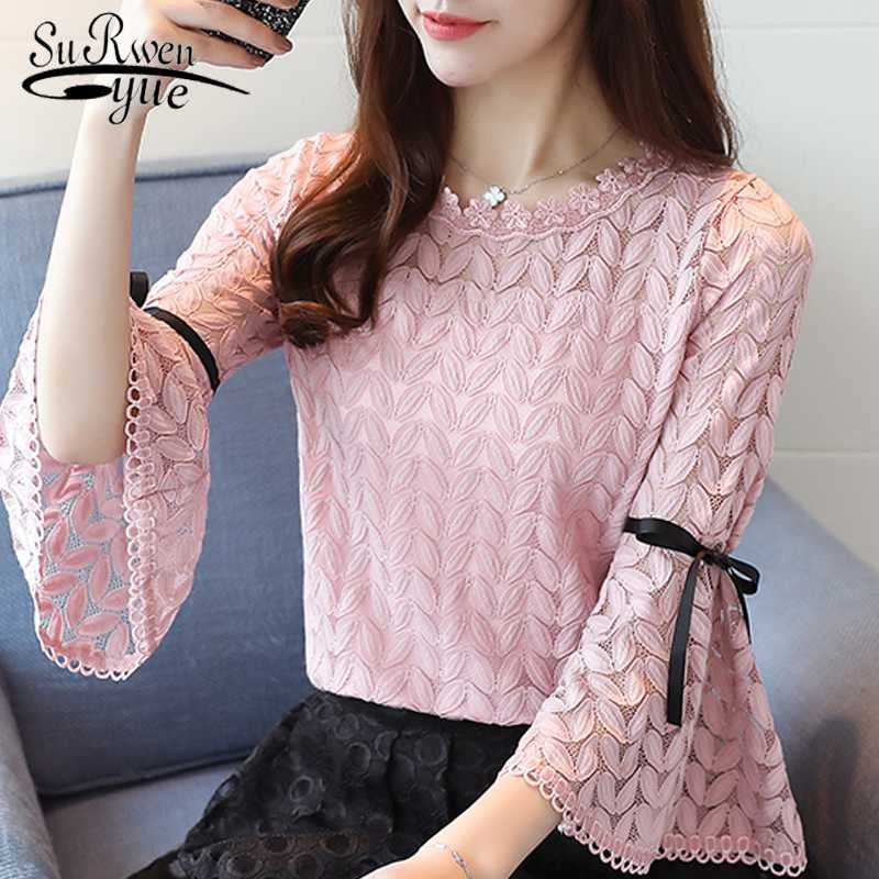 

Blusas 2020 Fashion O-neck Women Tops Sweet Summer Solid Blouse Women Shirt Hollow Lace Shirt Flare Sleeve Lady Clothing 0096, White