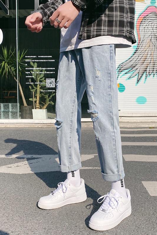 

FASHION Mens Blue Jeans Korean Broken Hole Vintage Straight Loose Pants Solid Cotton Washed Harajuku Jeans Casual Stree Men Jean