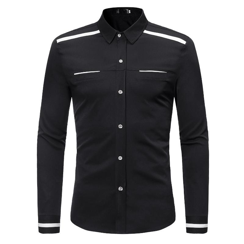 

Men' Fashion Casual Long Sleeve Shirt New Fake Pockets Color Matching, Black