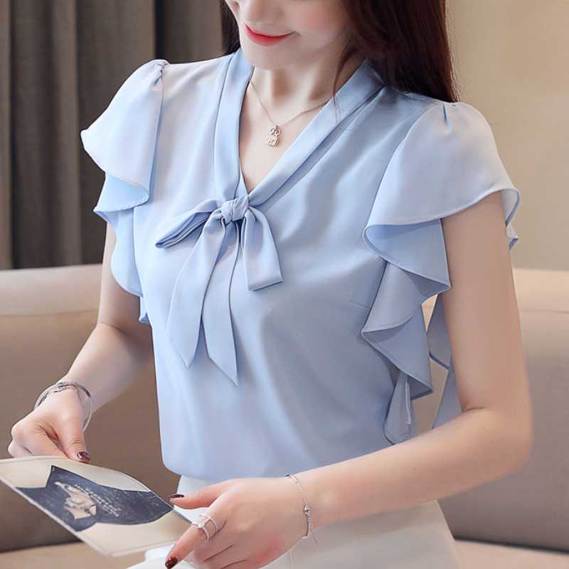 

blusas mujer de moda 2020 Short sleeve summer women chiffon blouse shirt bow v collar women shirts womens tops and blouses B204, White