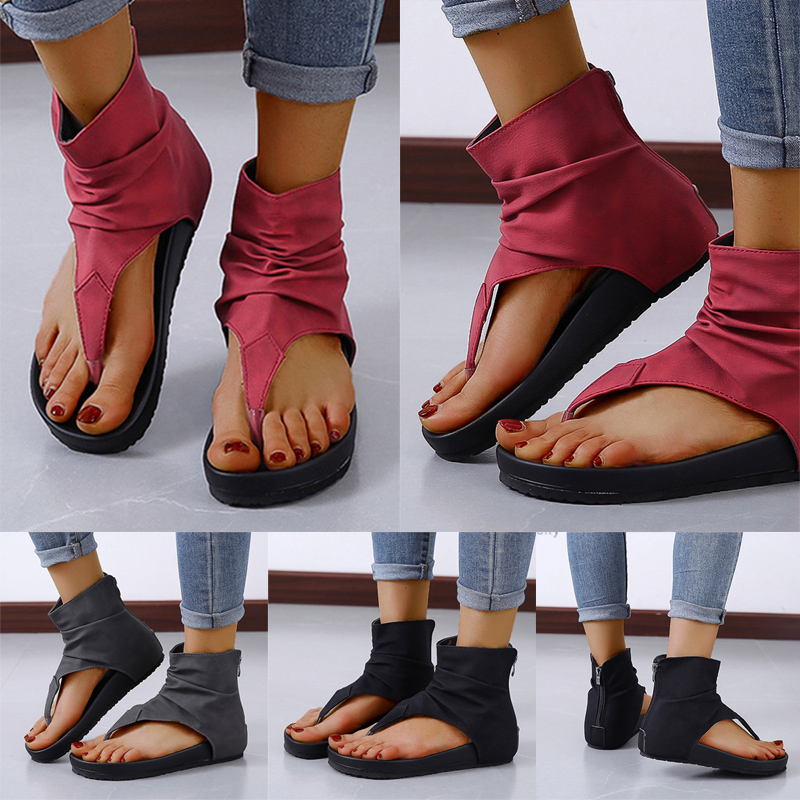 

Women Open Toe Sandals Ladies Summer Flats Thong Flip Flops Back Zips Shoes K2, Black