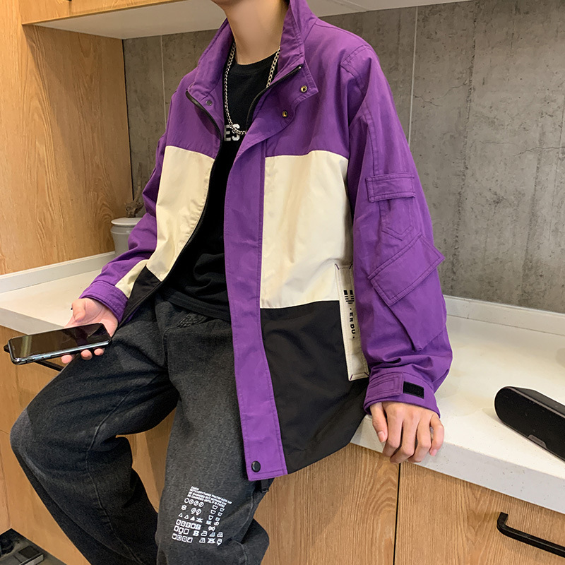 

2020 Spring Autumn New Jacket Male Ins Stand Collar Loose Windproof Hip Hop Motorcycle Jacket Mens Color Matching Casual, Blue