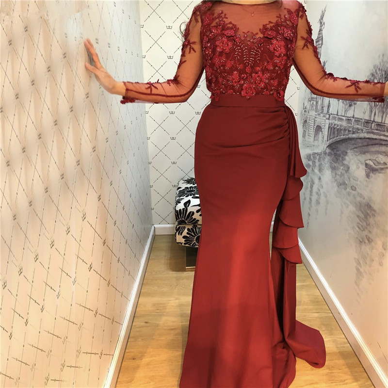 

Arabic Burgundy O-Neck Satin Mermaid Evening Dresses 2020 Beading 3D Handmade Flowers Long Sleeves Ruched Ruffles Long Prom Gowns, Champagne