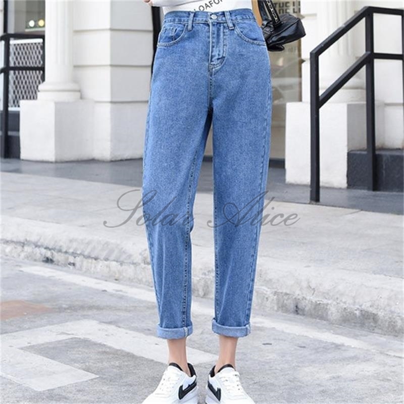 

Free Shipping Women's 2020 Spring / Autumn New Harlan Jeans Ankle-Length Straight Slimming Wild Elastic Waist Pants, Light blue