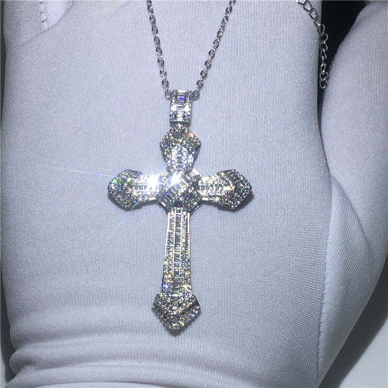 Vecalon grande croix pendentif en argent Sterling 925 5A zircon mariage fiançailles pendentifs avec collier pour femmes hommes bijoux
